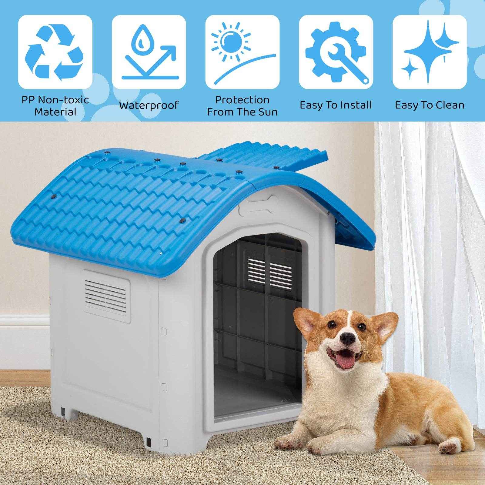 28-Inch Raised Plastic Dog House – Indoor & Outdoor Pet Shelter with Adjustable Sunroof, Elevated Base, for Small Dogs, Blue & White