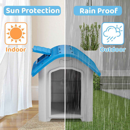 28-Inch Raised Plastic Dog House – Indoor & Outdoor Pet Shelter with Adjustable Sunroof, Elevated Base, for Small Dogs, Blue & White