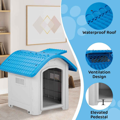 28-Inch Raised Plastic Dog House – Indoor & Outdoor Pet Shelter with Adjustable Sunroof, Elevated Base, for Small Dogs, Blue & White