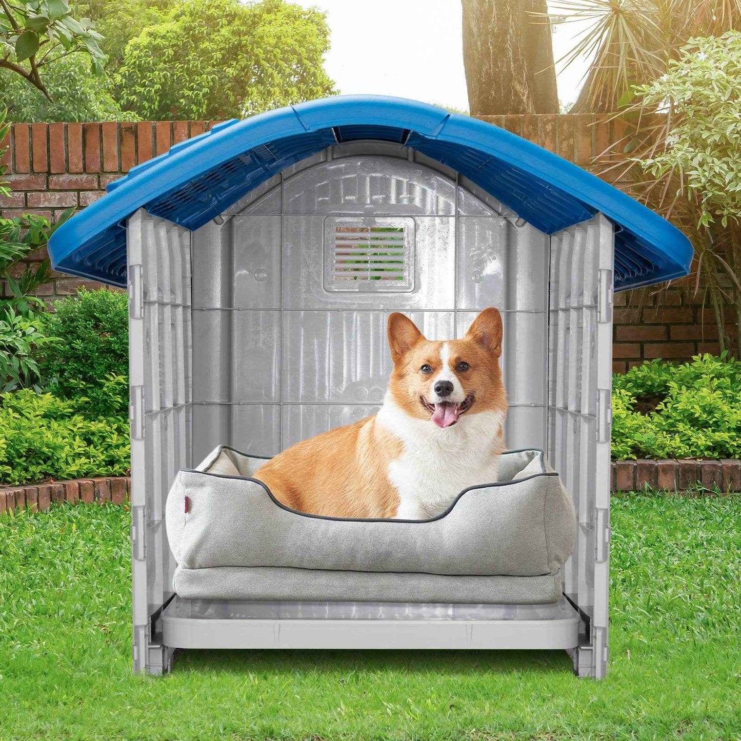 28-Inch Raised Plastic Dog House – Indoor & Outdoor Pet Shelter with Adjustable Sunroof, Elevated Base, for Small Dogs, Blue & White