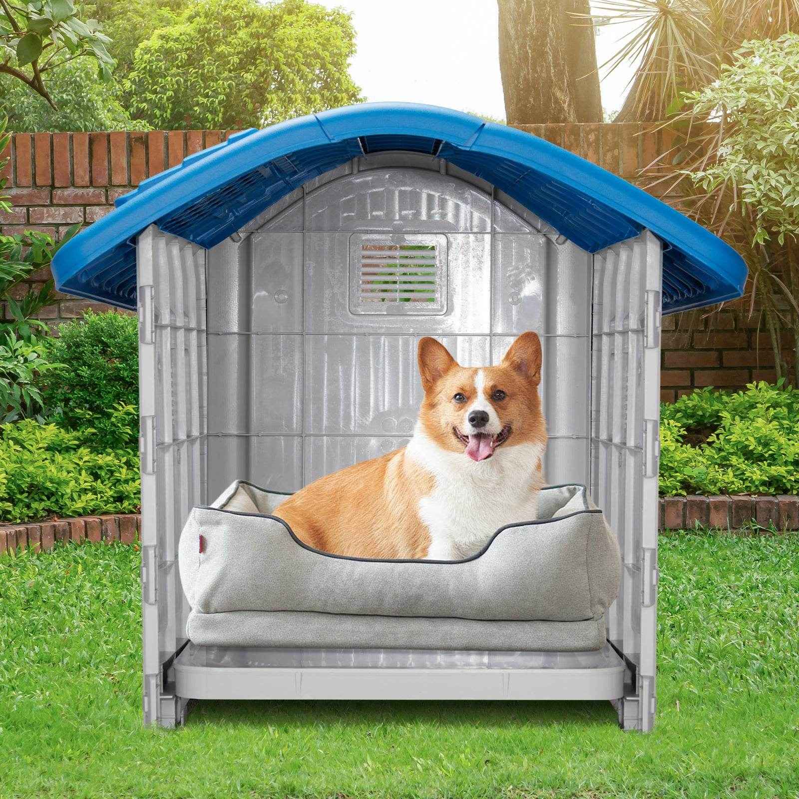 28-Inch Raised Plastic Dog House – Indoor & Outdoor Pet Shelter with Adjustable Sunroof, Elevated Base, for Small Dogs, Blue & White