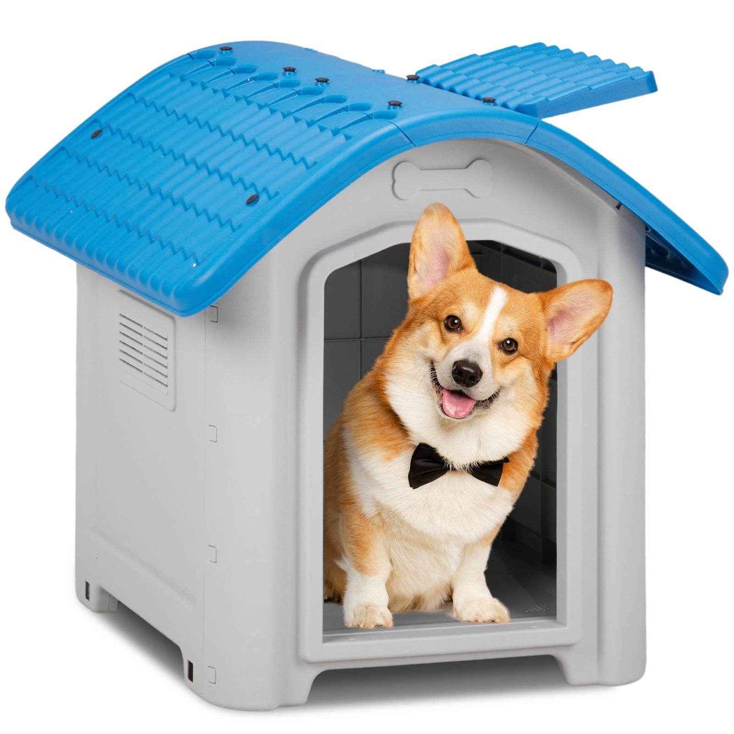 28-Inch Raised Plastic Dog House – Indoor & Outdoor Pet Shelter with Adjustable Sunroof, Elevated Base, for Small Dogs, Blue & White