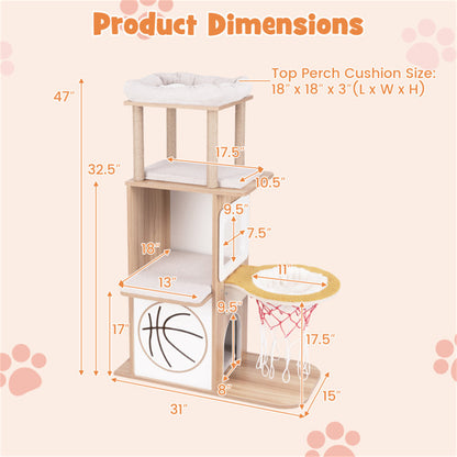 47-Inch Wooden Sports-Themed Cat Condo with Hammock & Scratching Posts