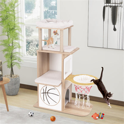 47-Inch Wooden Sports-Themed Cat Condo with Hammock & Scratching Posts