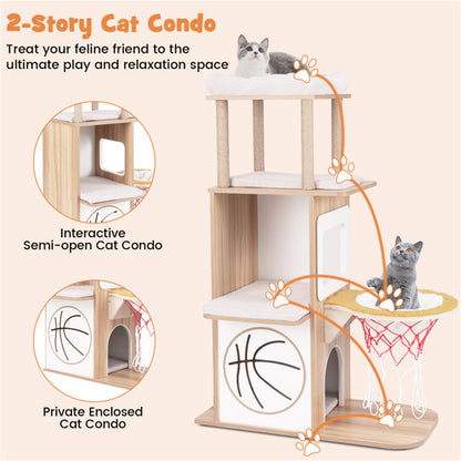 47-Inch Wooden Sports-Themed Cat Condo with Hammock & Scratching Posts