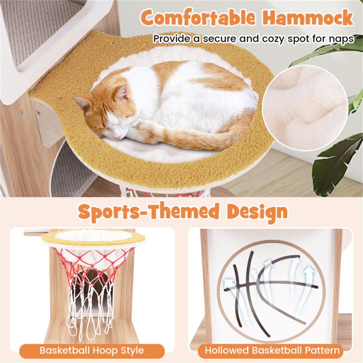 47-Inch Wooden Sports-Themed Cat Condo with Hammock & Scratching Posts