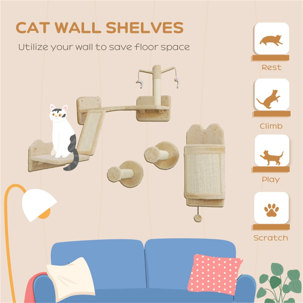 Wall-Mounted Cat Shelf Set with Scratching Posts and Platforms