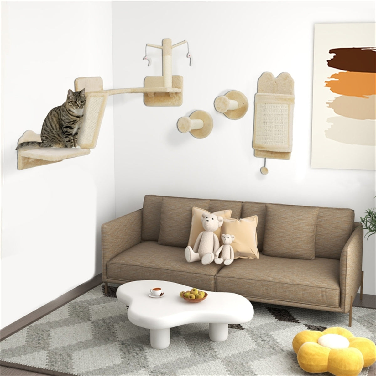 Wall-Mounted Cat Shelf Set with Scratching Posts and Platforms