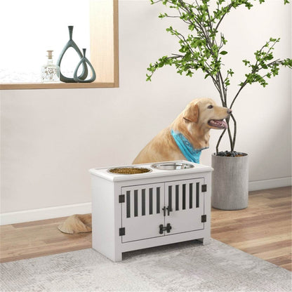 Dog Food Storage Cabinet with Elevated Feeder & Stainless Steel Bowls – Space-Saving Pet Feeding Station (White)
