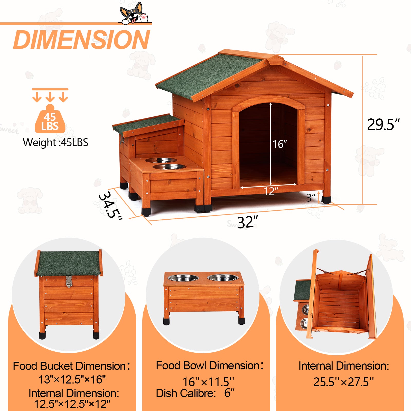 Outdoor & Indoor Wooden Dog House with Food Bowl & Storage Bucket, 32" x 34.5" x 29.5"