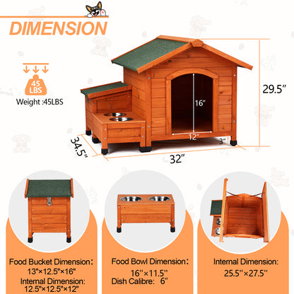 Outdoor & Indoor Wooden Dog House with Food Bowl & Storage Bucket, 32" x 34.5" x 29.5"