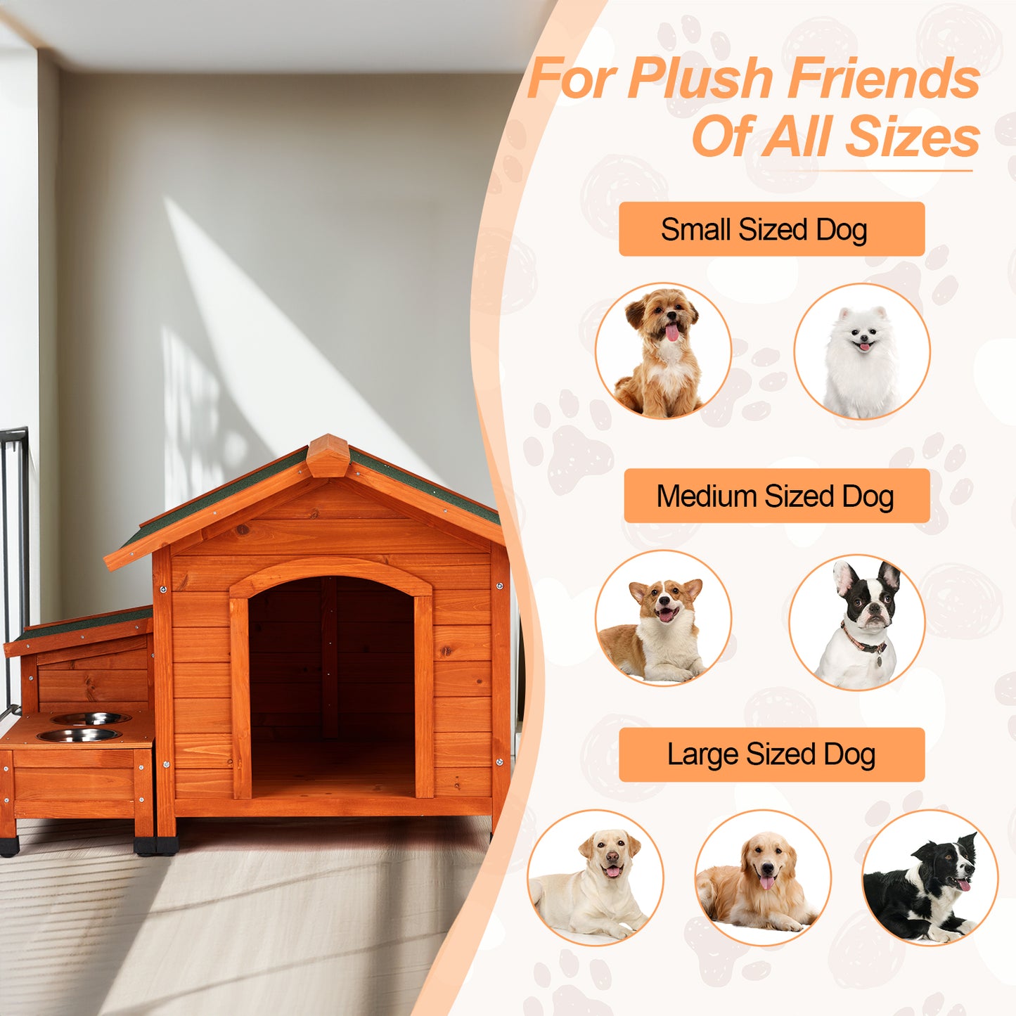 Outdoor & Indoor Wooden Dog House with Food Bowl & Storage Bucket, 32" x 34.5" x 29.5"