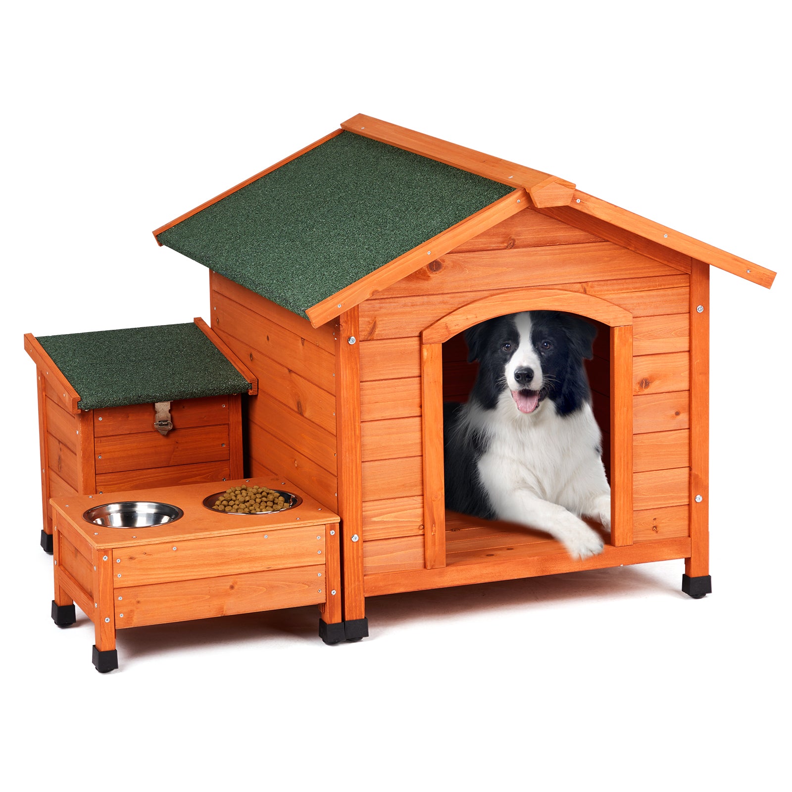 Outdoor & Indoor Wooden Dog House with Food Bowl & Storage Bucket, 32" x 34.5" x 29.5"