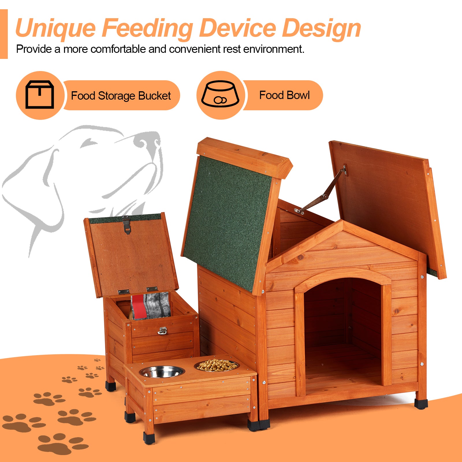 Outdoor & Indoor Wooden Dog House with Food Bowl & Storage Bucket, 32" x 34.5" x 29.5"