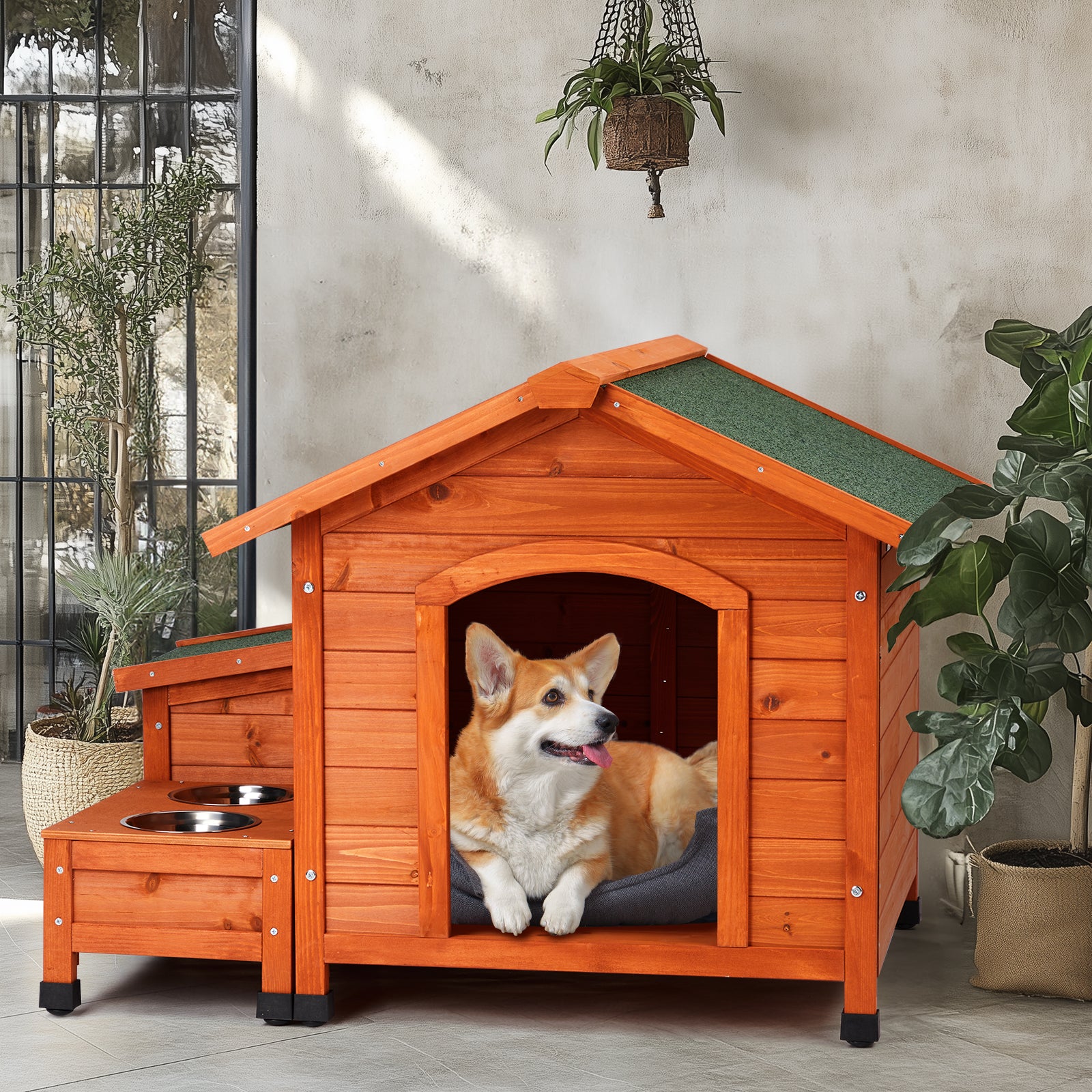 Outdoor & Indoor Wooden Dog House with Food Bowl & Storage Bucket, 32" x 34.5" x 29.5"