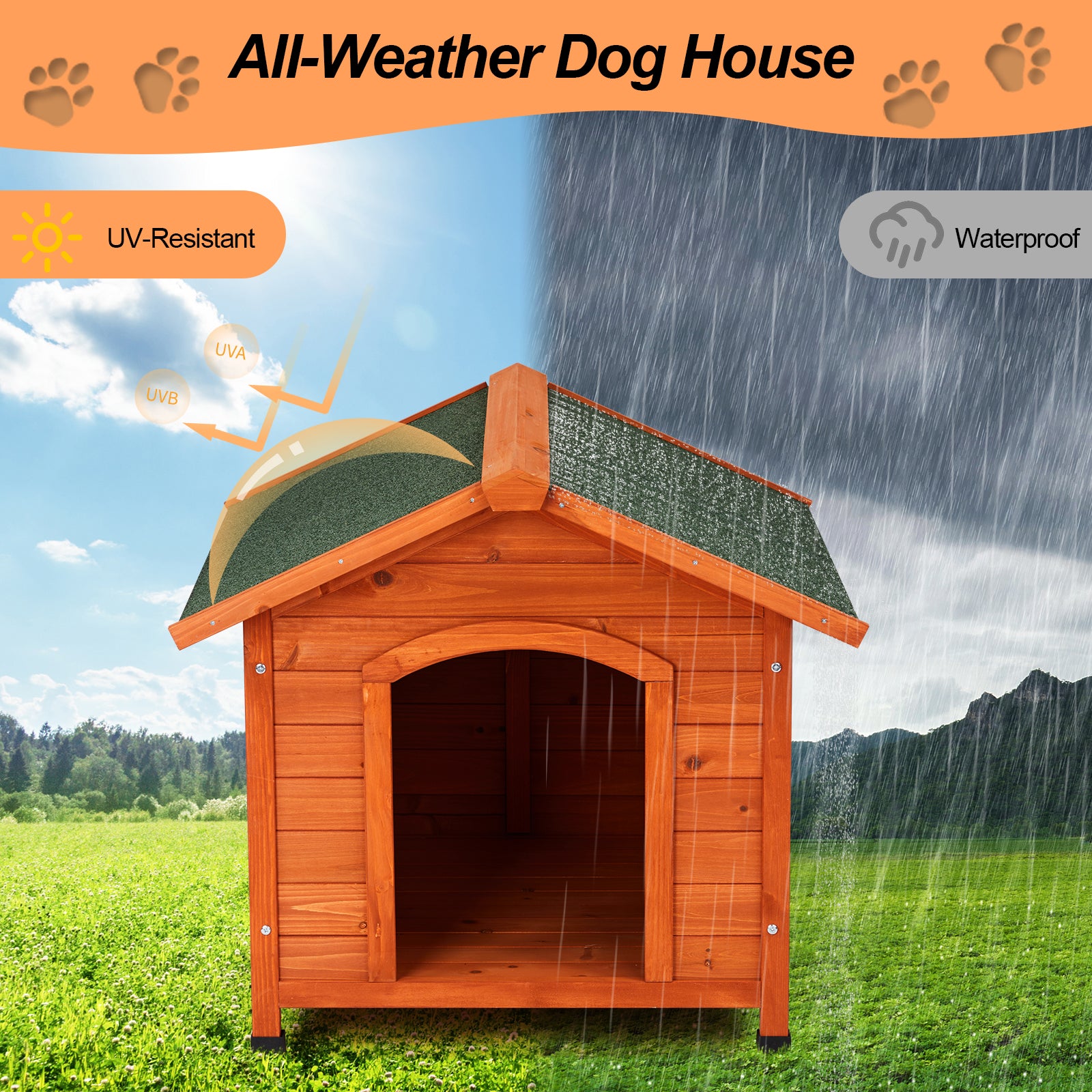 Outdoor & Indoor Wooden Dog House with Food Bowl & Storage Bucket, 32" x 34.5" x 29.5"