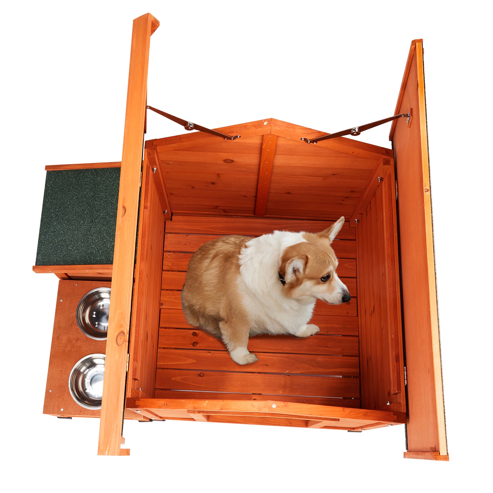 Outdoor & Indoor Wooden Dog House with Food Bowl & Storage Bucket, 32" x 34.5" x 29.5"