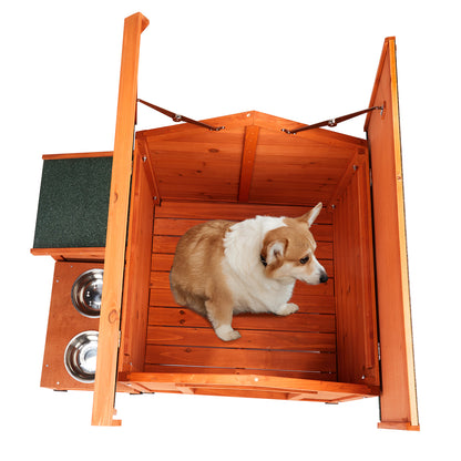 Outdoor & Indoor Wooden Dog House with Food Bowl & Storage Bucket, 32" x 34.5" x 29.5"