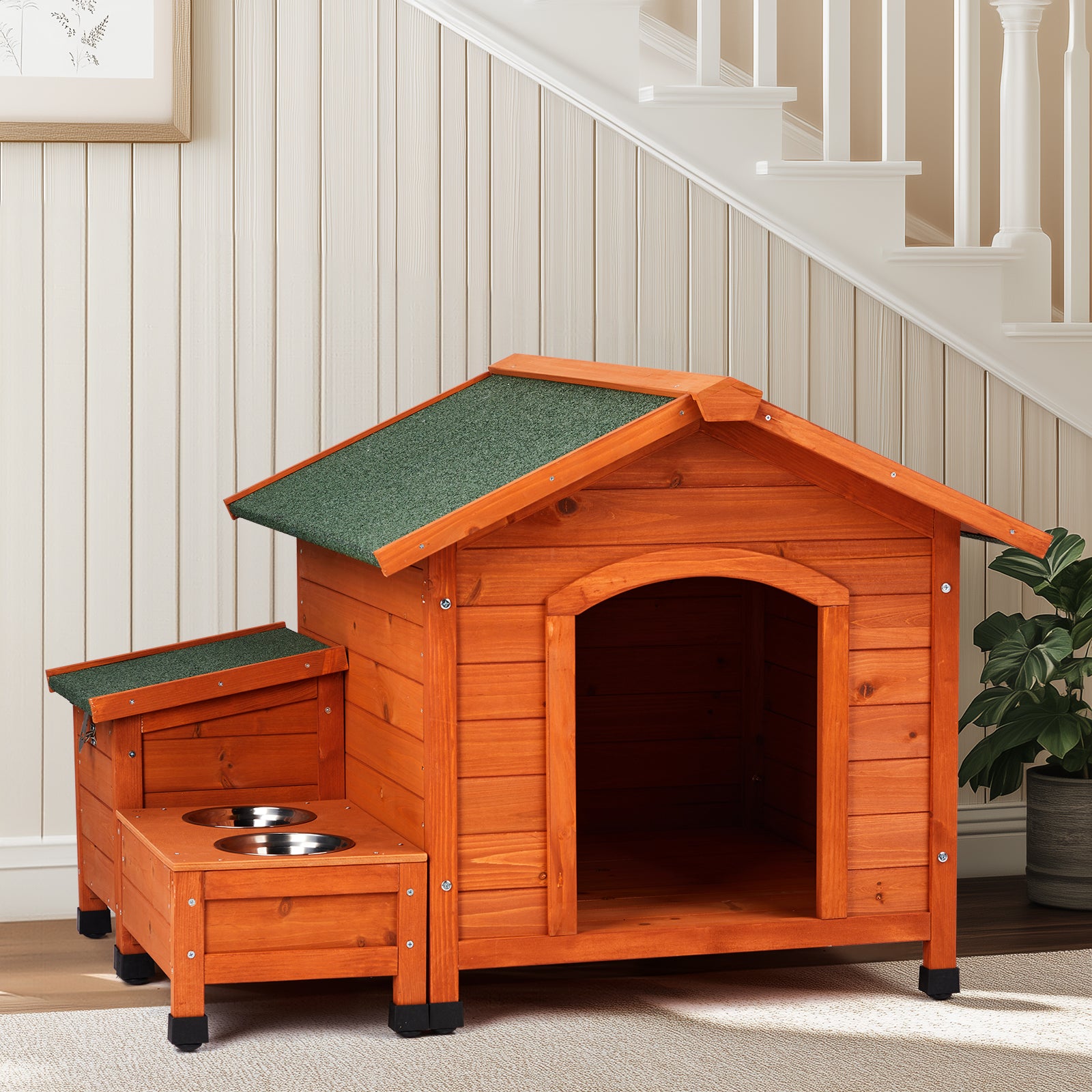 Outdoor & Indoor Wooden Dog House with Food Bowl & Storage Bucket, 32" x 34.5" x 29.5"
