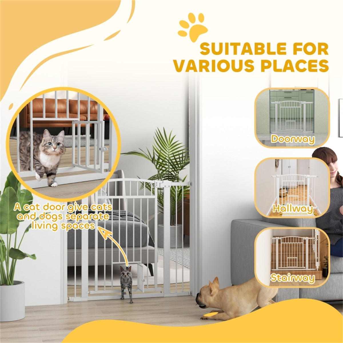 Adjustable Pet Gate with Cat Door and Safety Lock