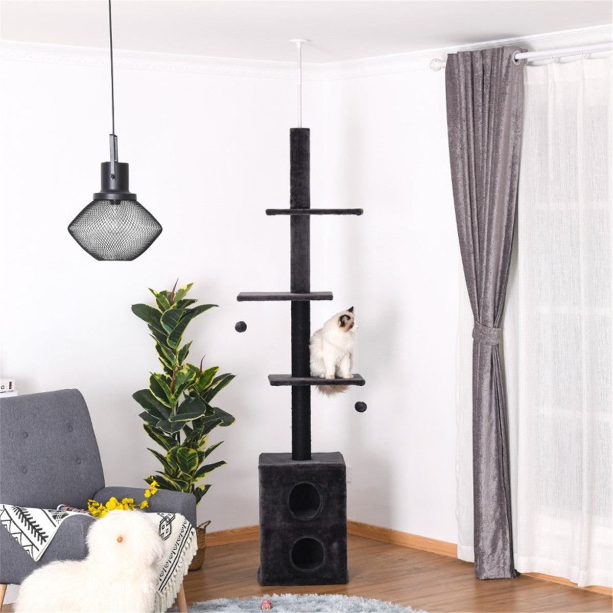 Multi-Level Adjustable Cat Tower with Condos, Perches, and Scratching Posts. 86.5"-96.5" H