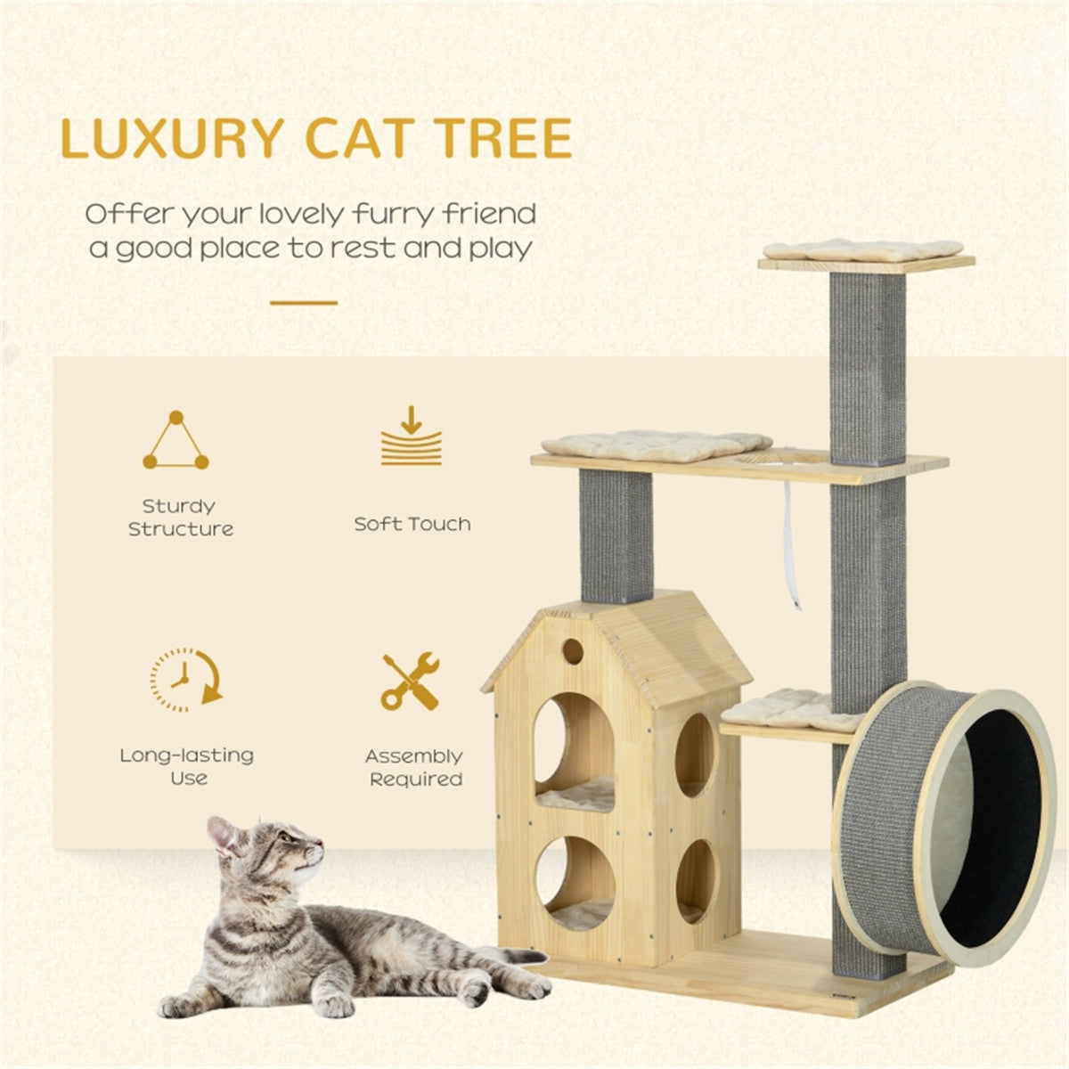 Durable Cat Tree with Built-in Cat House, Cat Wheel, Sisal Scratching Posts, and Spacious Platforms for Play & Relaxation