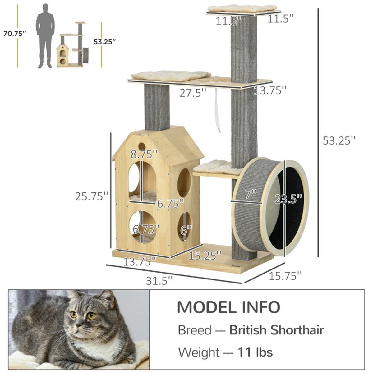 Durable Cat Tree with Built-in Cat House, Cat Wheel, Sisal Scratching Posts, and Spacious Platforms for Play & Relaxation