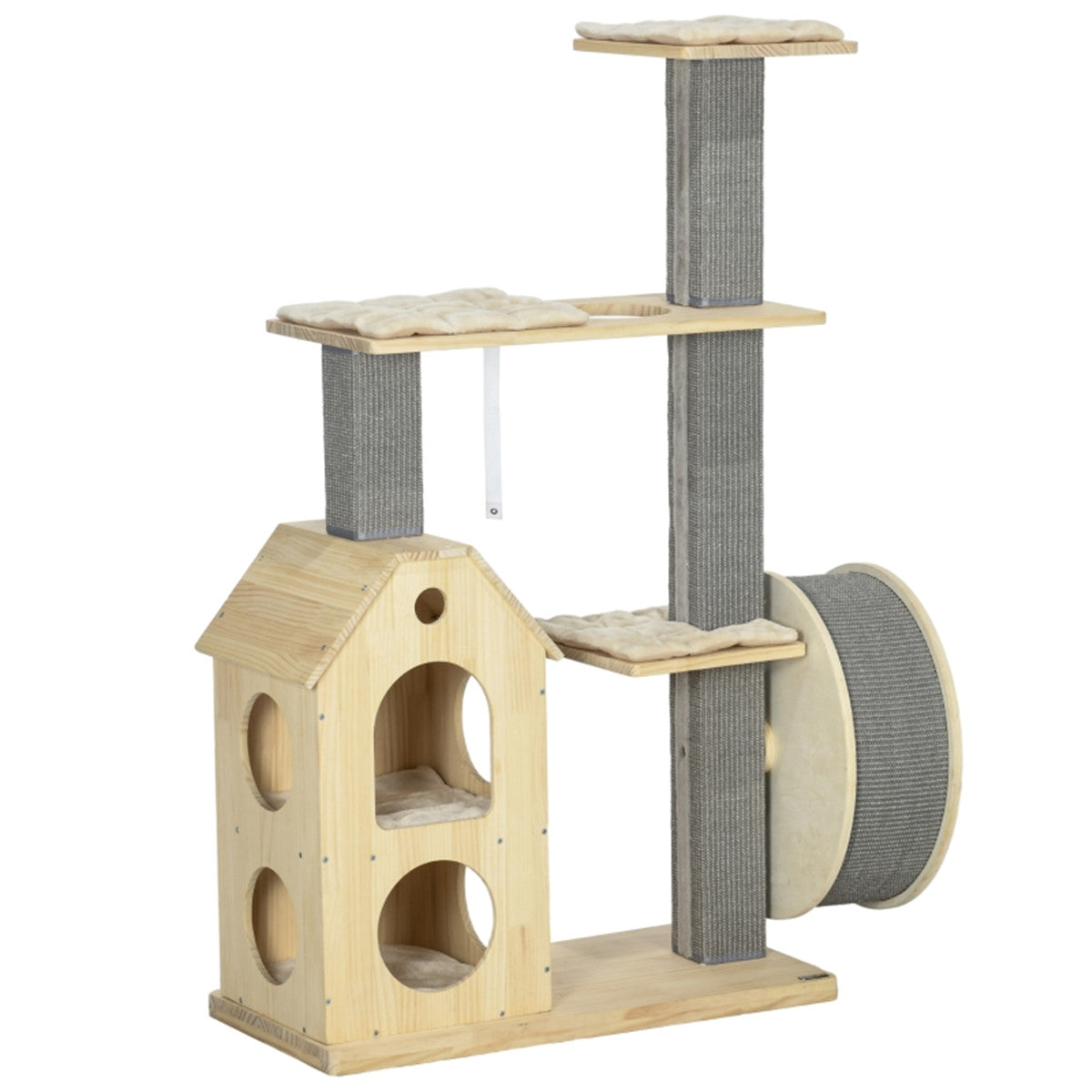 Durable Cat Tree with Built-in Cat House, Cat Wheel, Sisal Scratching Posts, and Spacious Platforms for Play & Relaxation