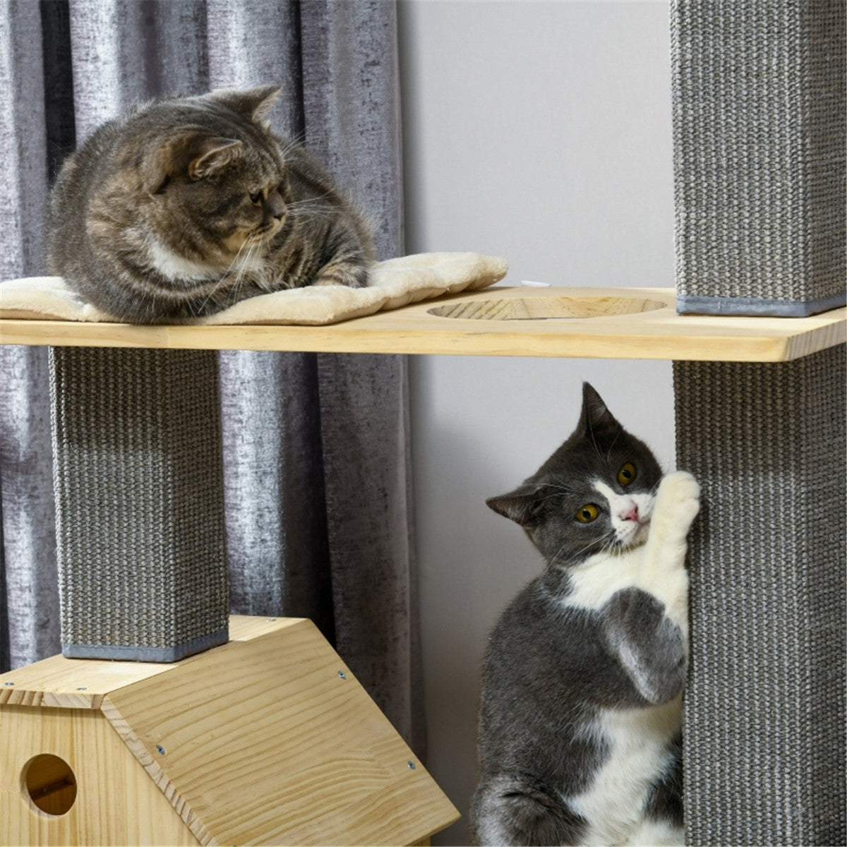 Durable Cat Tree with Built-in Cat House, Cat Wheel, Sisal Scratching Posts, and Spacious Platforms for Play & Relaxation