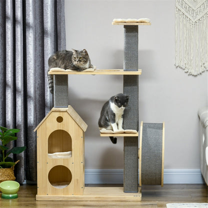 Durable Cat Tree with Built-in Cat House, Cat Wheel, Sisal Scratching Posts, and Spacious Platforms for Play & Relaxation