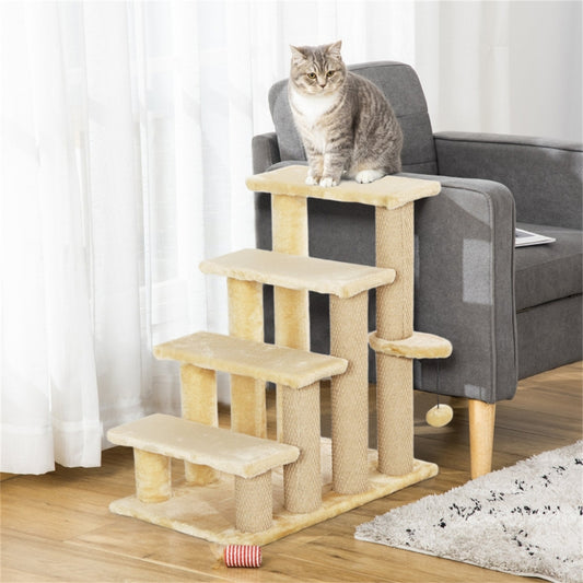 Multi-functional Cat Steps for Older Cats with Soft Flannel Lining, Small Platform & Hanging Ball for Play