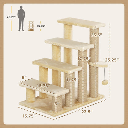 Multi-functional Cat Steps for Older Cats with Soft Flannel Lining, Small Platform & Hanging Ball for Play