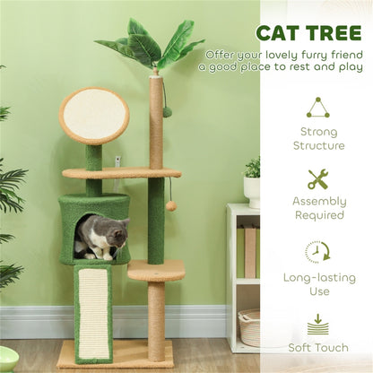 Stylish Cat Tree with Scratching Posts, Platforms, Toys & Plush Comfort – Protects Furniture with Decorative Artificial Leaves