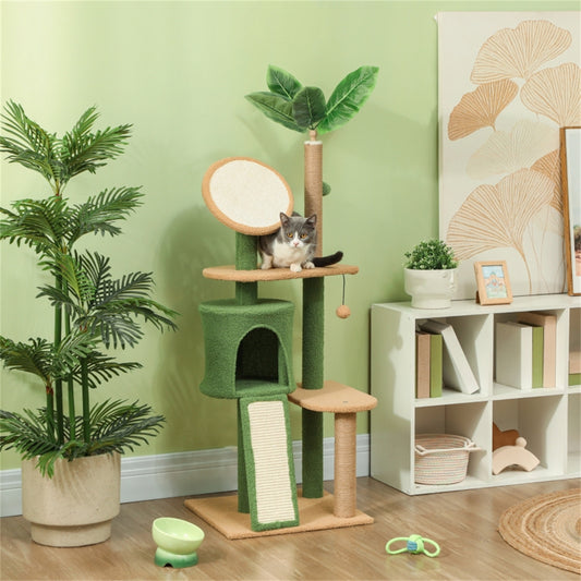 Stylish Cat Tree with Scratching Posts, Platforms, Toys & Plush Comfort – Protects Furniture with Decorative Artificial Leaves