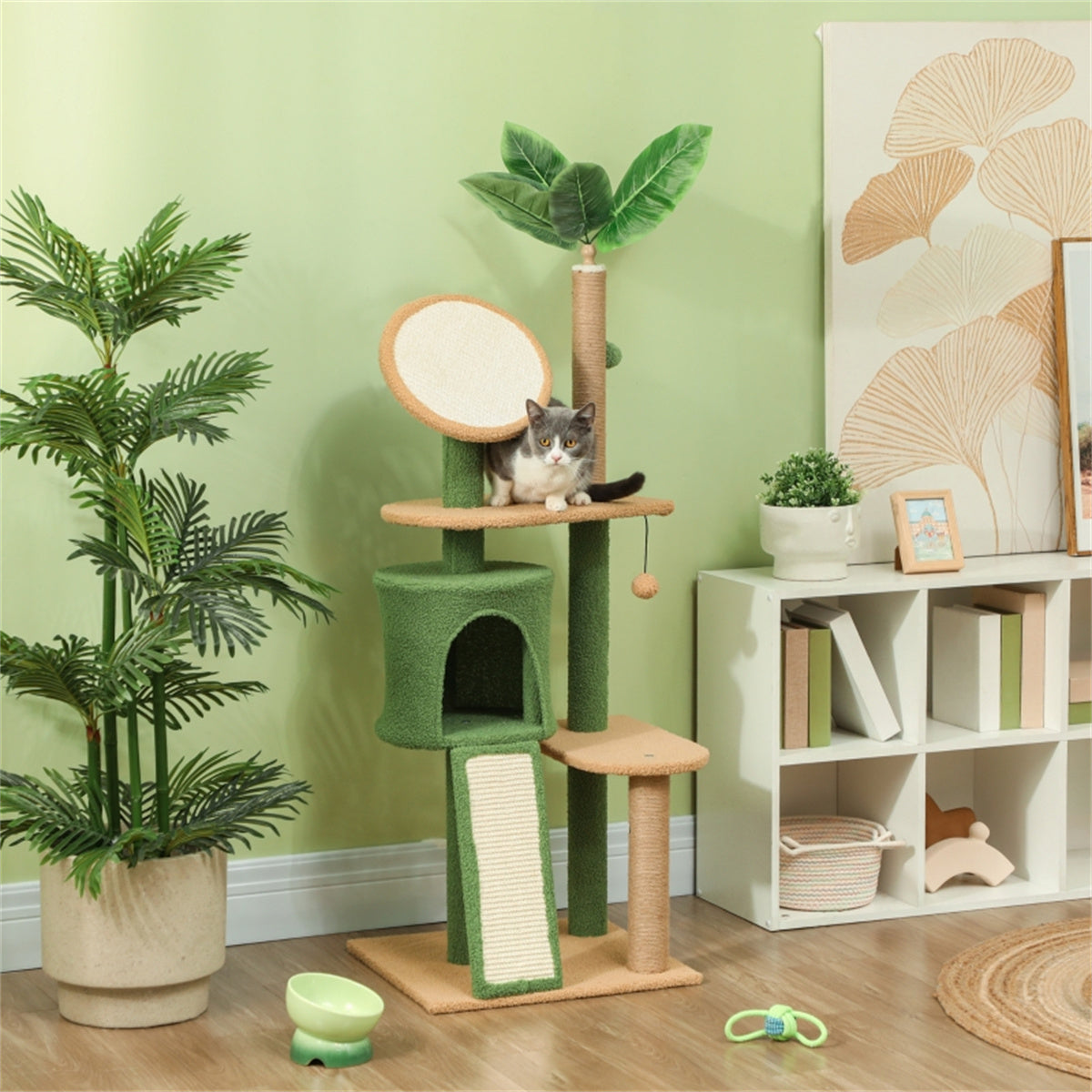 Stylish Cat Tree with Scratching Posts, Platforms, Toys & Plush Comfort – Protects Furniture with Decorative Artificial Leaves