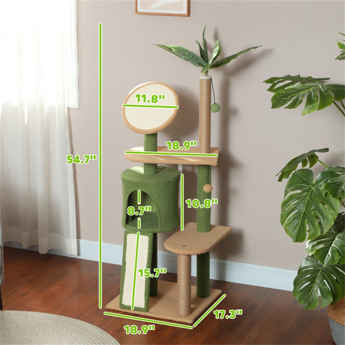 Stylish Cat Tree with Scratching Posts, Platforms, Toys & Plush Comfort – Protects Furniture with Decorative Artificial Leaves