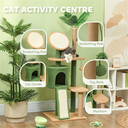 Stylish Cat Tree with Scratching Posts, Platforms, Toys & Plush Comfort – Protects Furniture with Decorative Artificial Leaves