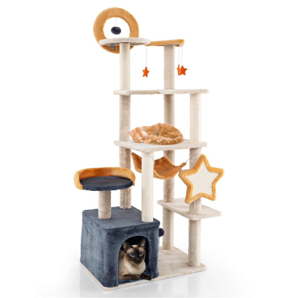 63-inch Multi-Stage Cat Tower, Cat Tree with Scratchboard and Toys