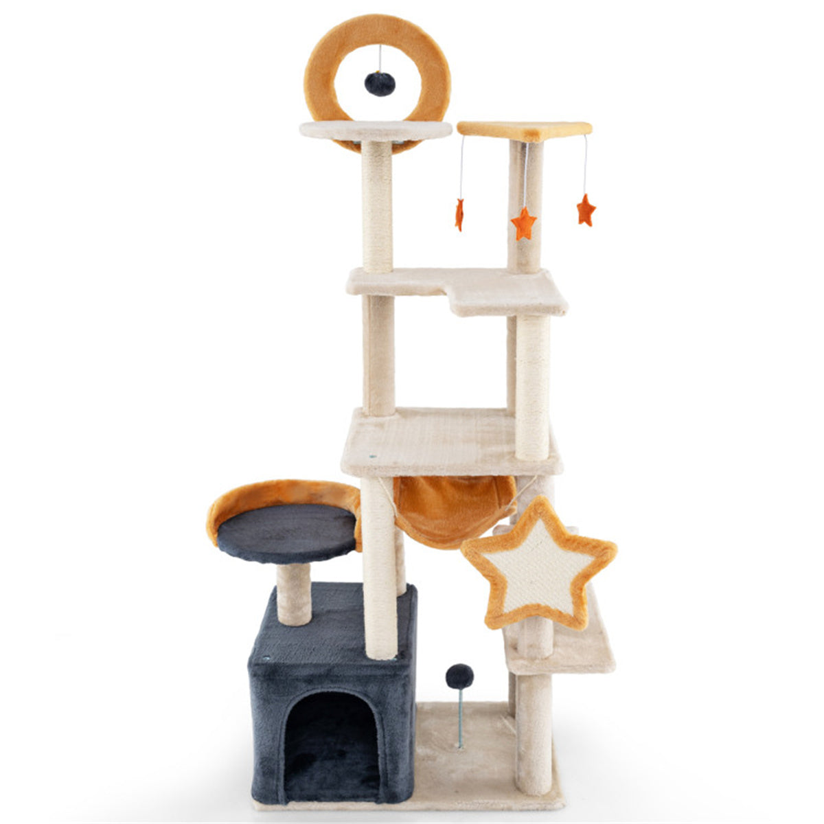 63-inch Multi-Stage Cat Tower, Cat Tree with Scratchboard and Toys