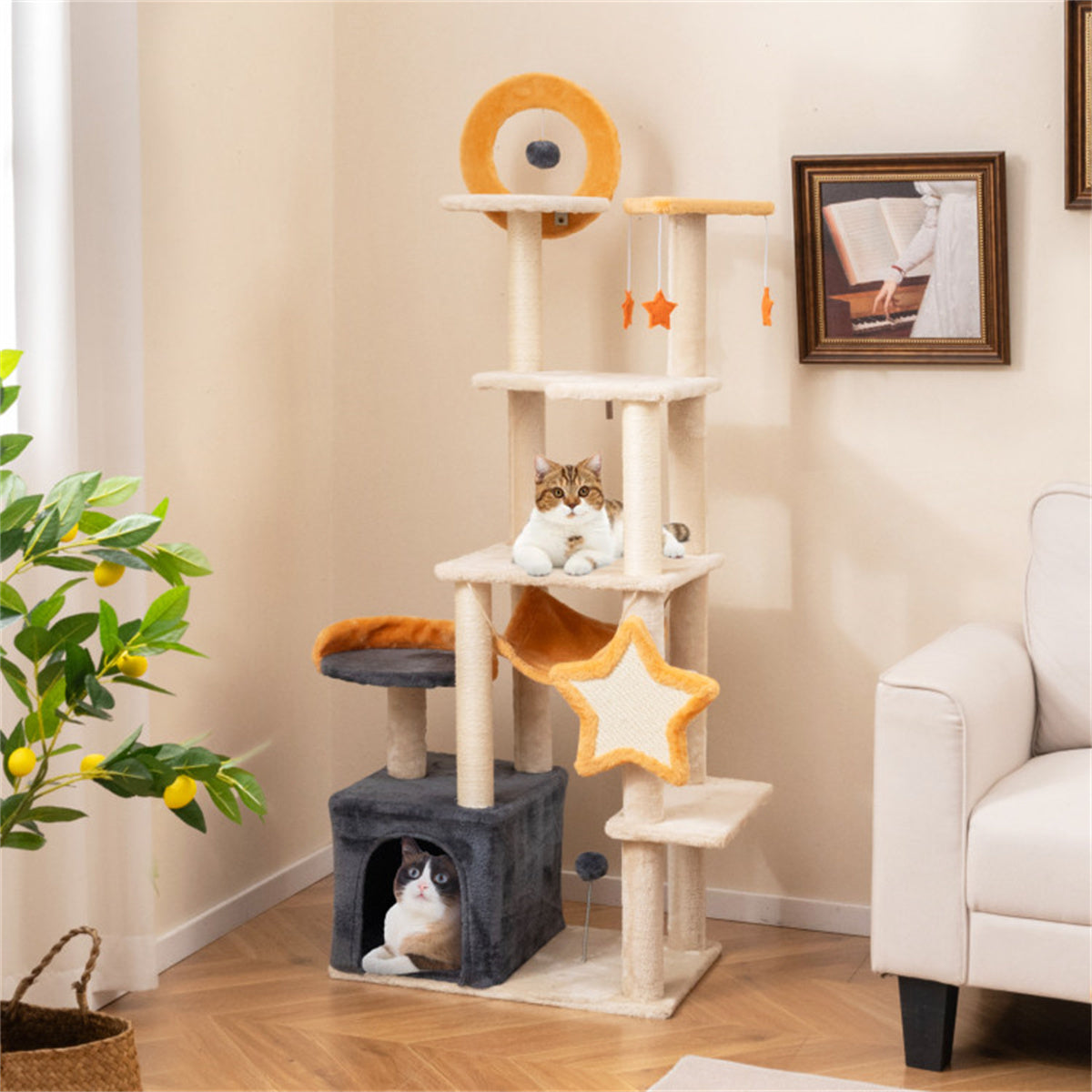 63-inch Multi-Stage Cat Tower, Cat Tree with Scratchboard and Toys