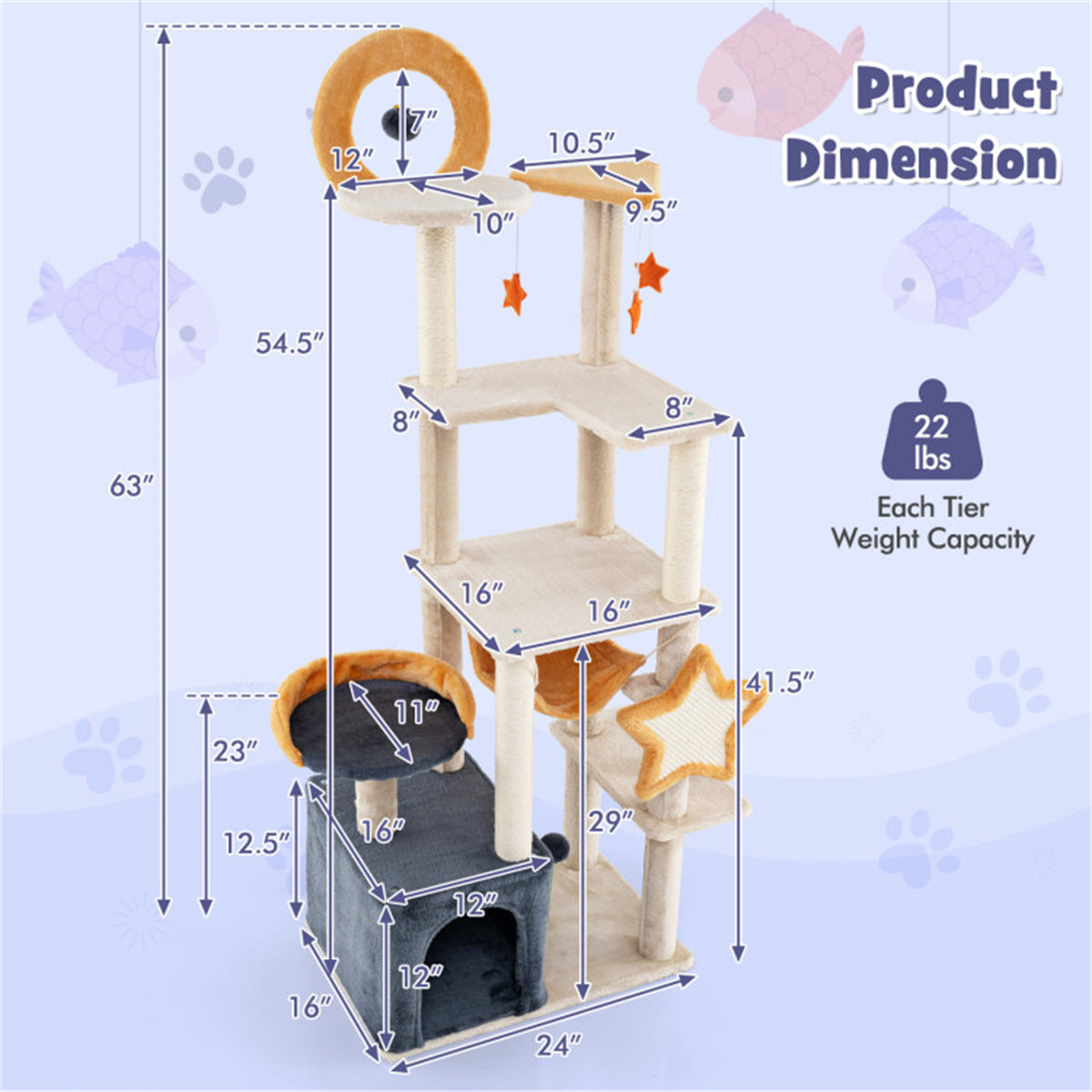 63-inch Multi-Stage Cat Tower, Cat Tree with Scratchboard and Toys