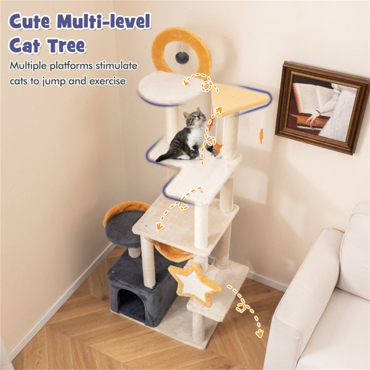 63-inch Multi-Stage Cat Tower, Cat Tree with Scratchboard and Toys