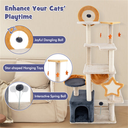 63-inch Multi-Stage Cat Tower, Cat Tree with Scratchboard and Toys