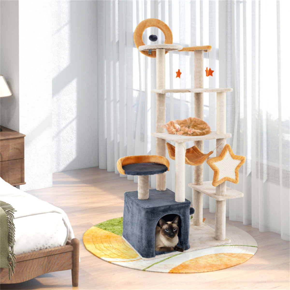 63-inch Multi-Stage Cat Tower, Cat Tree with Scratchboard and Toys