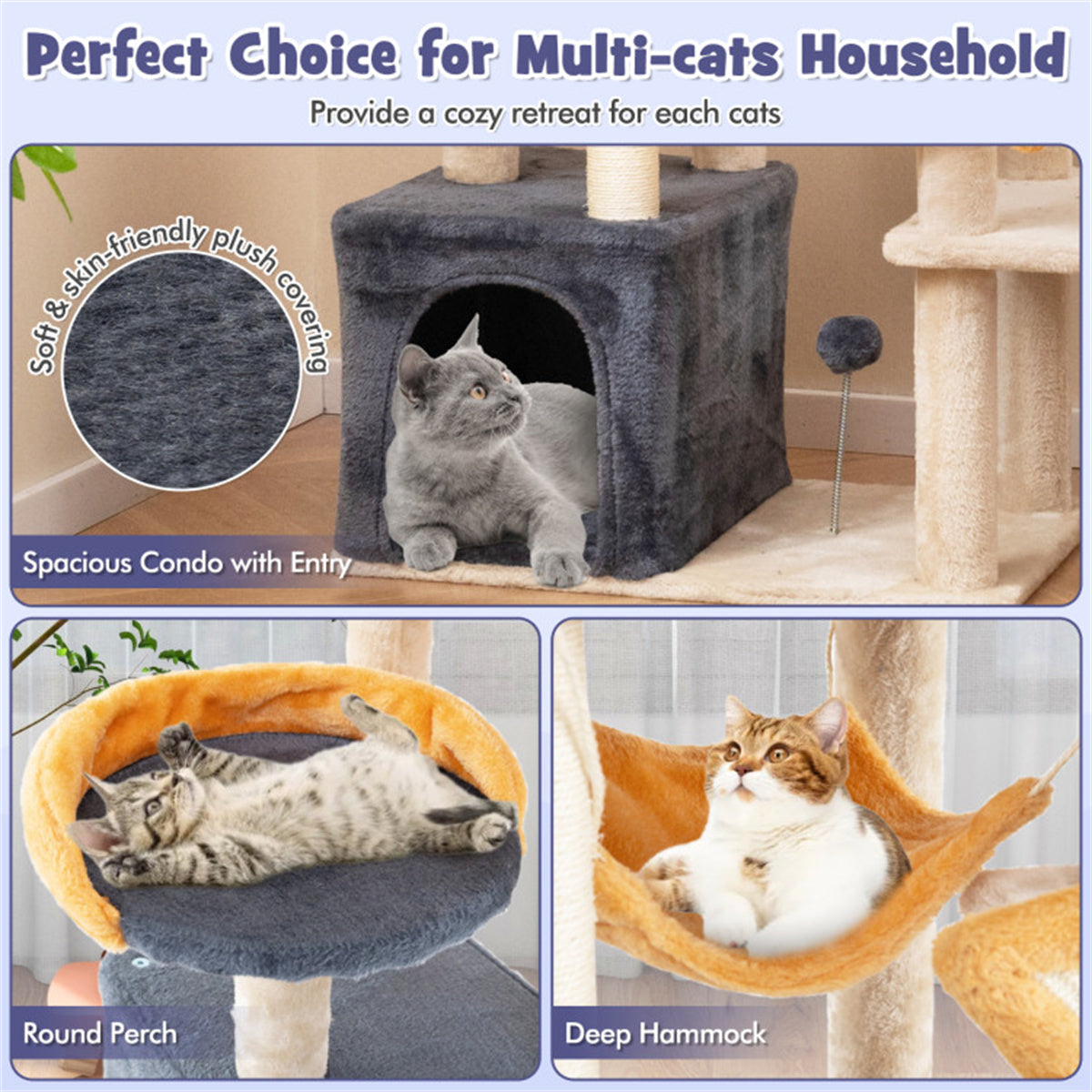 63-inch Multi-Stage Cat Tower, Cat Tree with Scratchboard and Toys