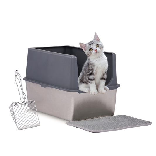 XXL Stainless Steel Cat Litter Box with Lid, Extra Large Litter Pan with High Sides, Easy Cleaning, Include Double Layer Litter Mat and Scoop