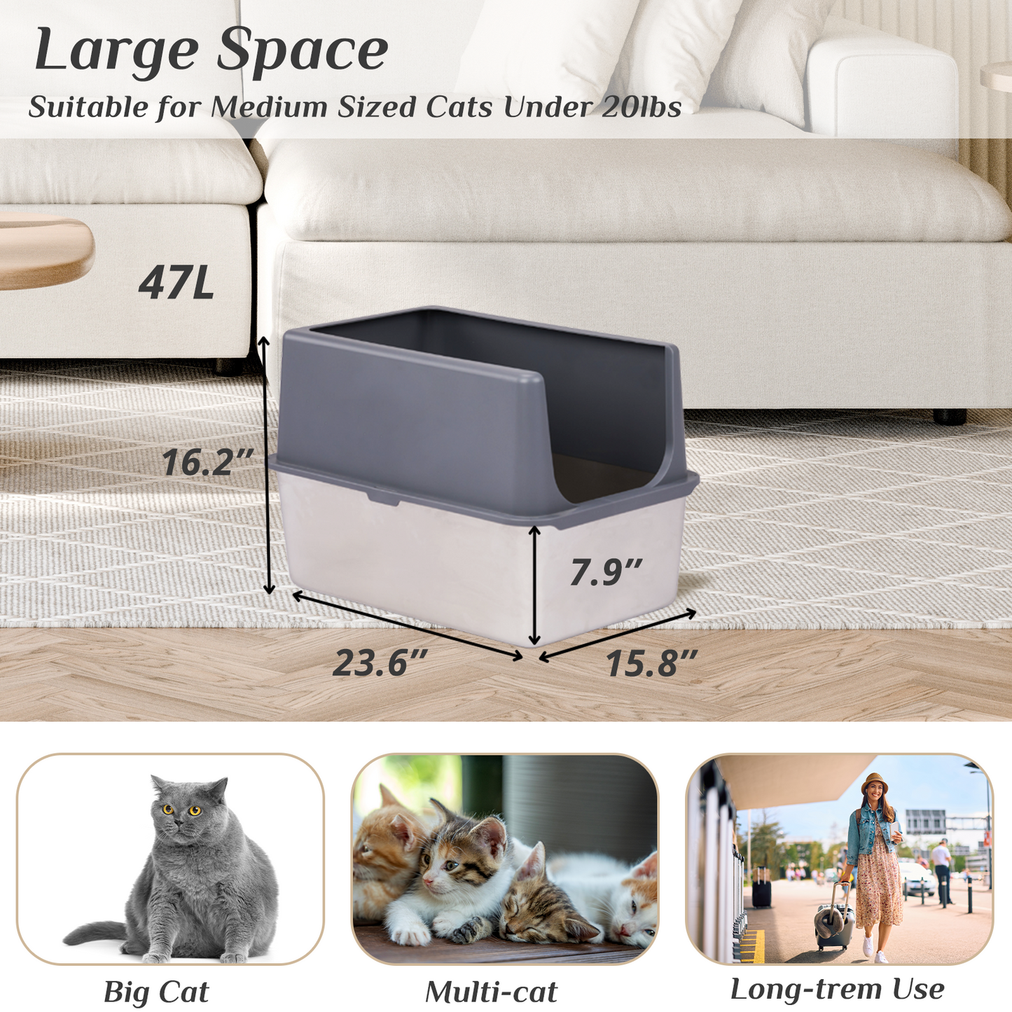 XXL Stainless Steel Cat Litter Box with Lid, Extra Large Litter Pan with High Sides, Easy Cleaning, Include Double Layer Litter Mat and Scoop