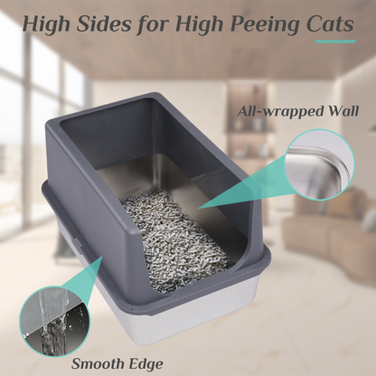 XXL Stainless Steel Cat Litter Box with Lid, Extra Large Litter Pan with High Sides, Easy Cleaning, Include Double Layer Litter Mat and Scoop