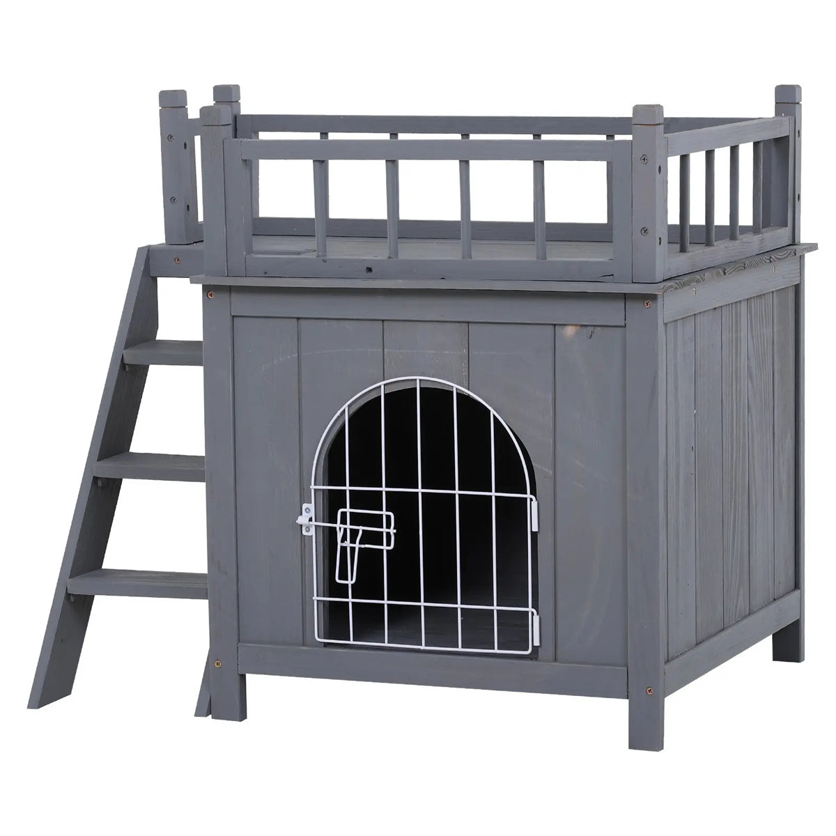 Grey 2-Level Wooden Cat House with Lockable Wire Door