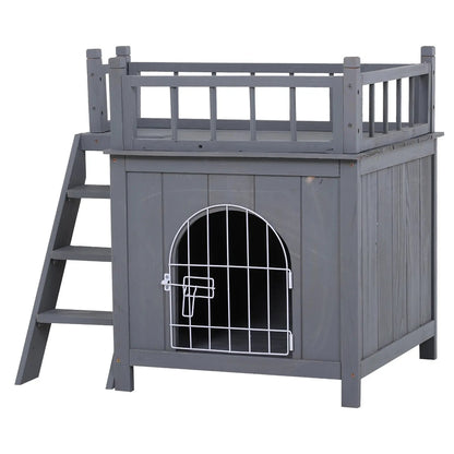 Grey 2-Level Wooden Cat House with Lockable Wire Door